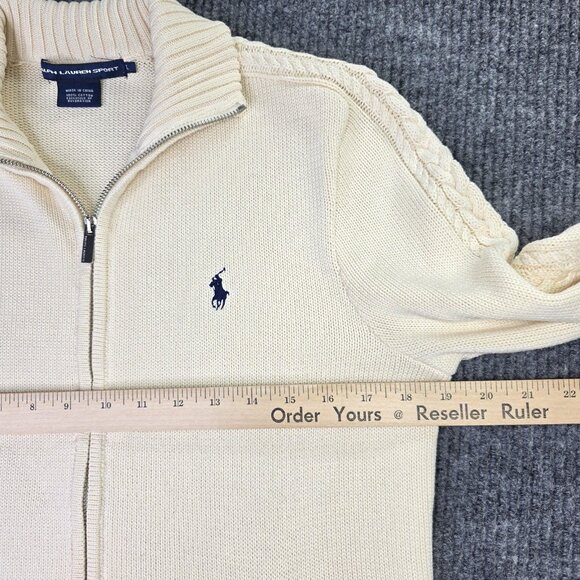 Ralph Lauren Sport Sweater Womens Large Cream Full Zip Cable Knit Cotton Logo - Picture 8 of 13